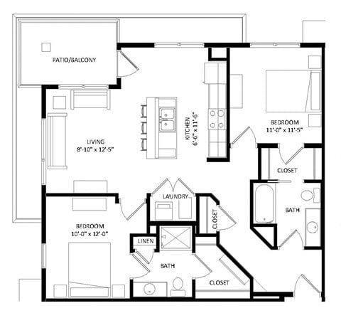 Floor plan for 2 beds, 2 baths, 1006 sqft